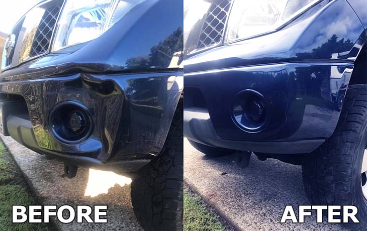 Before and After Dent Repair of a Blue Car