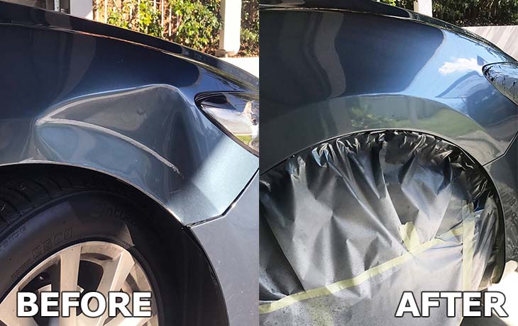 Before and After Dent Repair of a Grey Blue Car