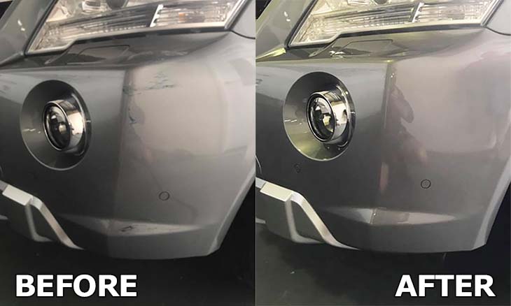 Car with a scratch on the bumper, before and after repair