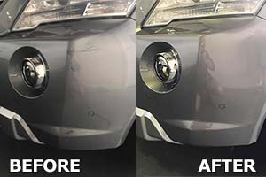 Car with a scratch on the bumper, before and after repair